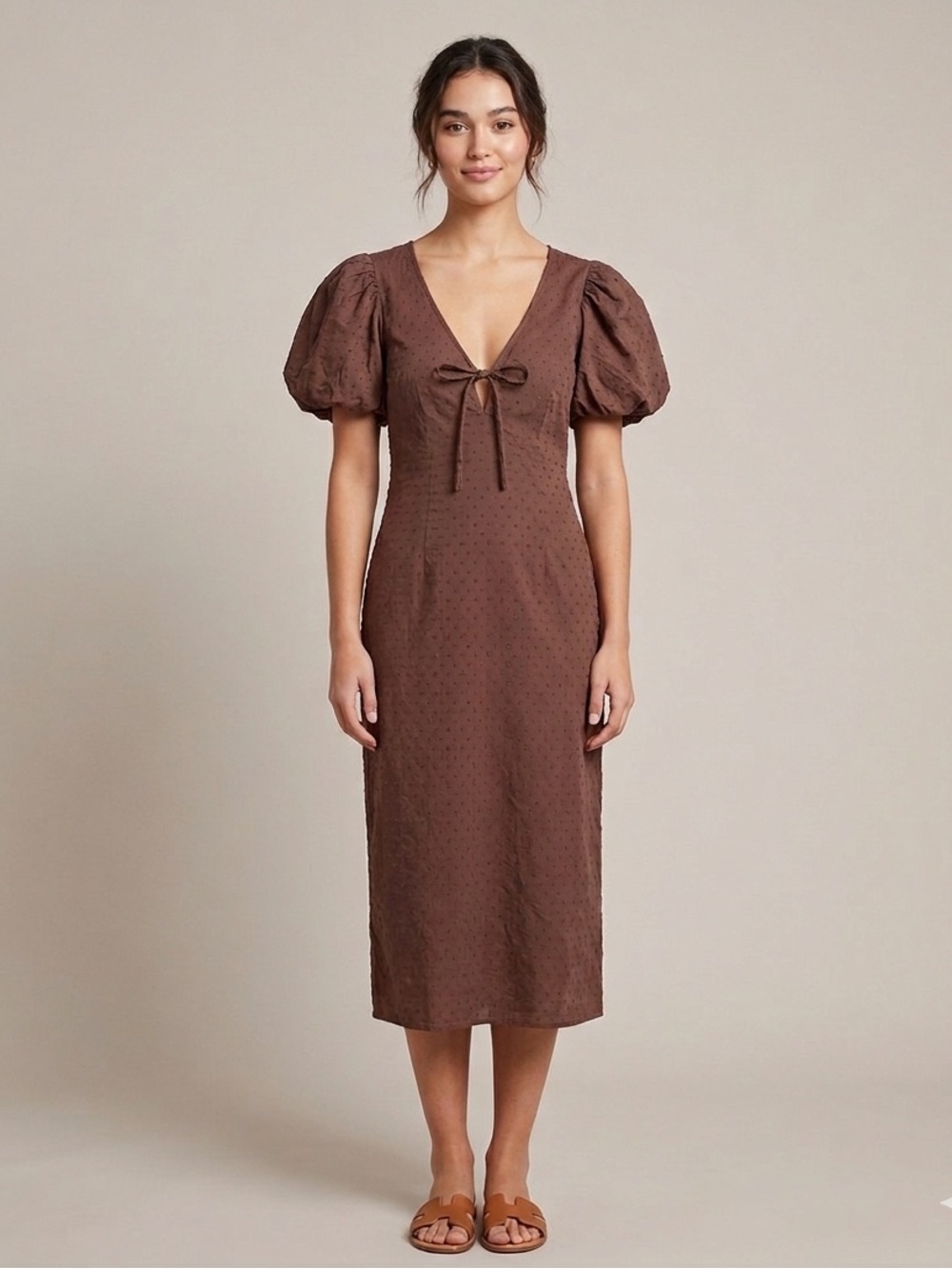 ASOS DESIGN Brown Swiss Dot Puff Sleeve Midi Dress - Tie Front
